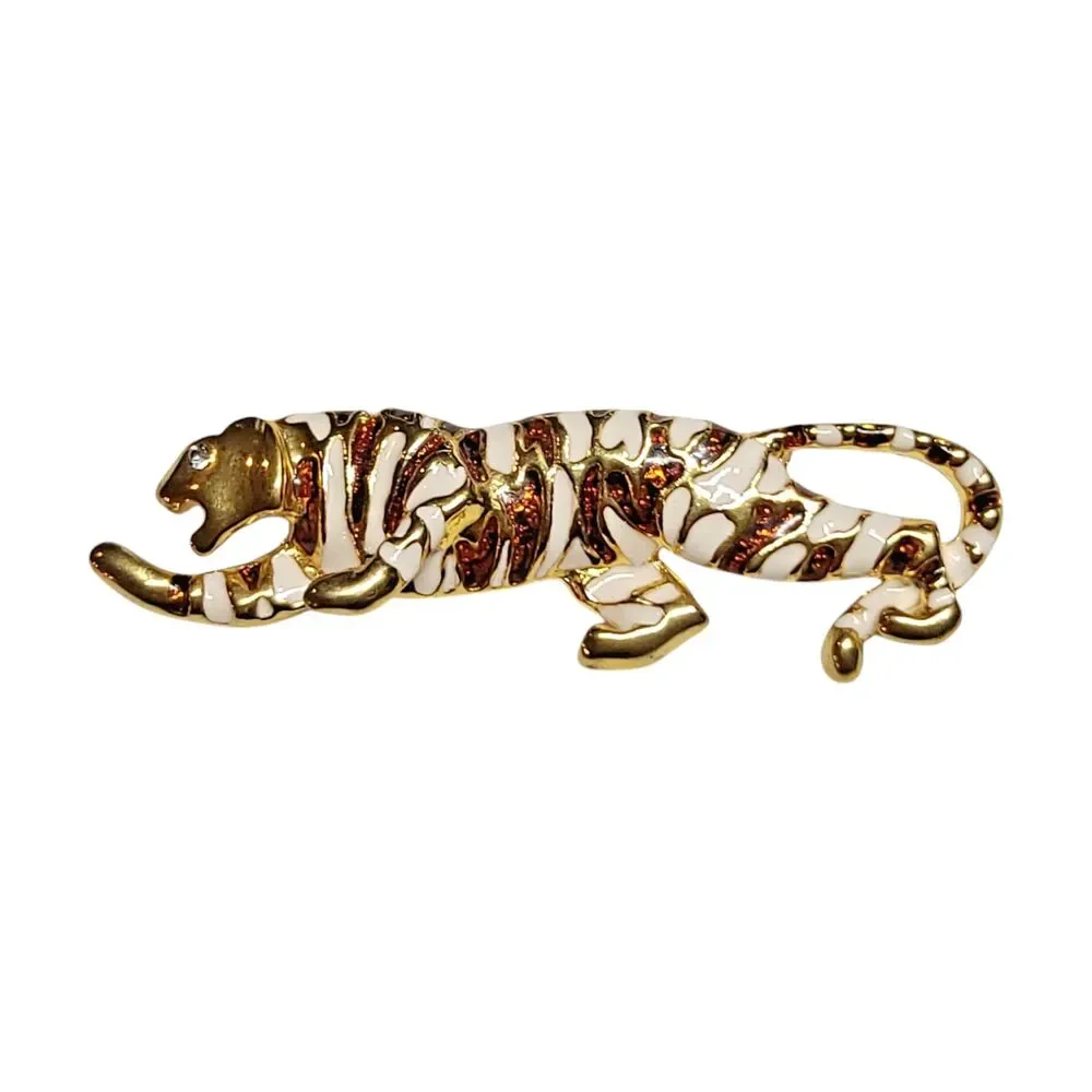 Vintage Gold Tone Shimmer Enamel Rhinestone Eye Panther Cat Brooch Pin
